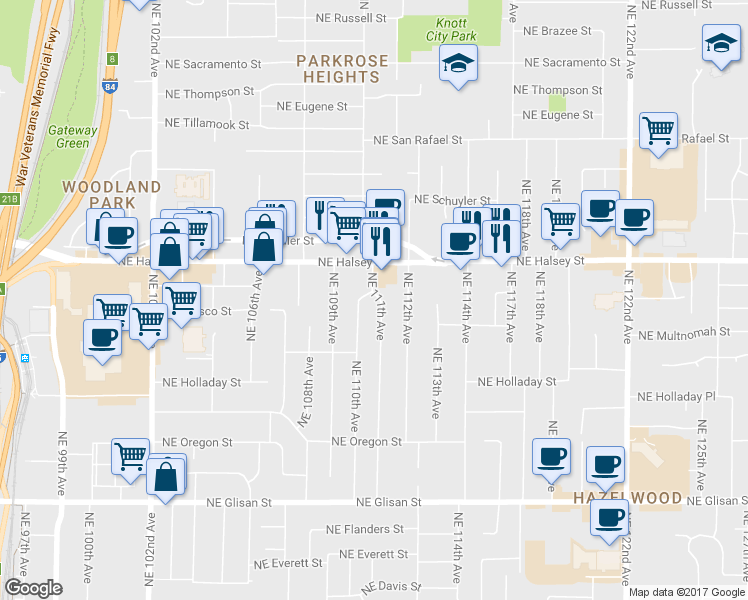map of restaurants, bars, coffee shops, grocery stores, and more near 1331 Northeast 111th Avenue in Portland