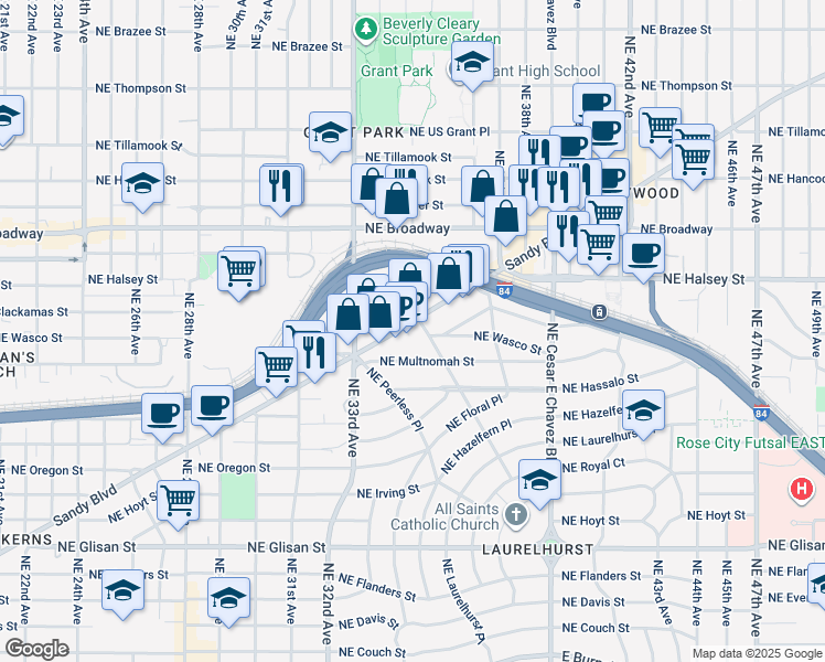 map of restaurants, bars, coffee shops, grocery stores, and more near 3434 Northeast Sandy Boulevard in Portland