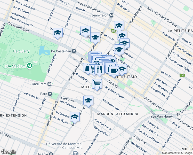map of restaurants, bars, coffee shops, grocery stores, and more near 76 Avenue Mozart Ouest in Montreal
