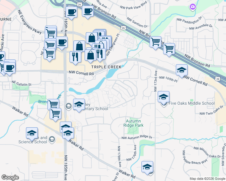 map of restaurants, bars, coffee shops, grocery stores, and more near 1796 Northwest Rolling Hill Drive in Beaverton
