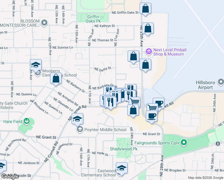 map of restaurants, bars, coffee shops, grocery stores, and more near 2050 Northeast Barberry Drive in Hillsboro