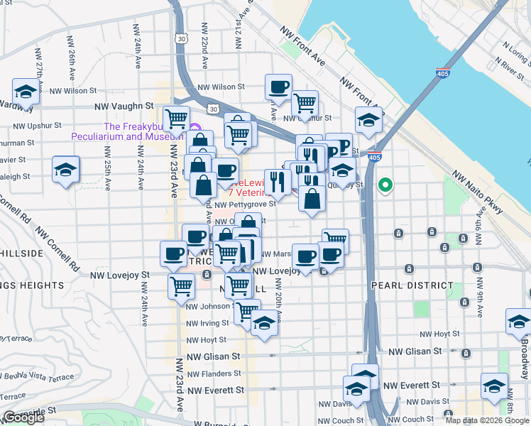 map of restaurants, bars, coffee shops, grocery stores, and more near in Portland