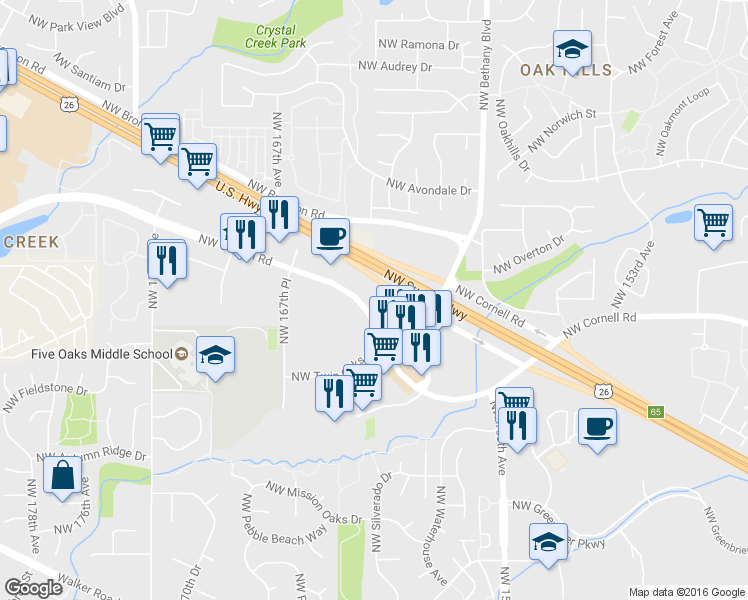 map of restaurants, bars, coffee shops, grocery stores, and more near Northwest Cornell Drive in Beaverton