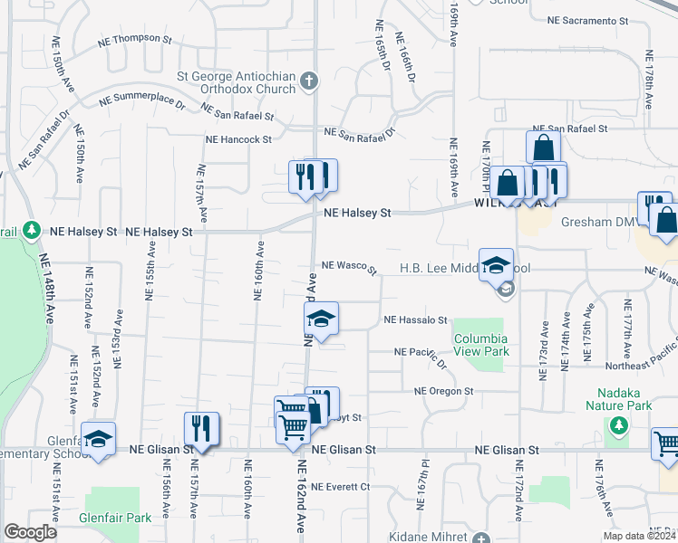 map of restaurants, bars, coffee shops, grocery stores, and more near 16312 Northeast Wasco Street in Portland