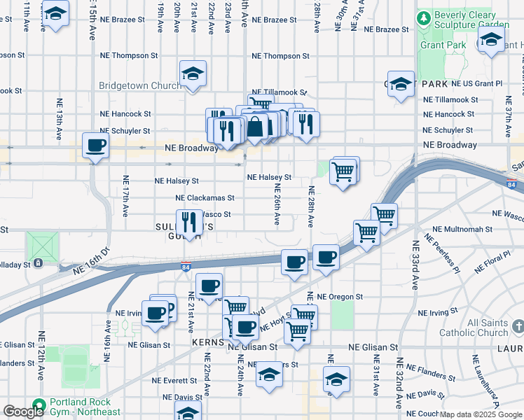 map of restaurants, bars, coffee shops, grocery stores, and more near 2507 Northeast Wasco Street in Portland