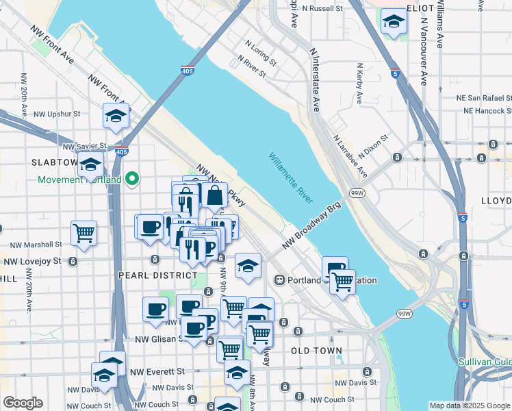 map of restaurants, bars, coffee shops, grocery stores, and more near 1260 Northwest Naito Parkway in Portland