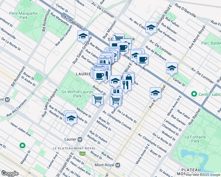 map of restaurants, bars, coffee shops, grocery stores, and more near 1301 Boulevard Saint-Joseph Est in Montréal
