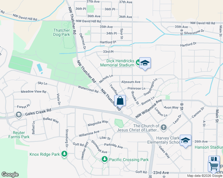 map of restaurants, bars, coffee shops, grocery stores, and more near 3108 Twinflower Street in Forest Grove