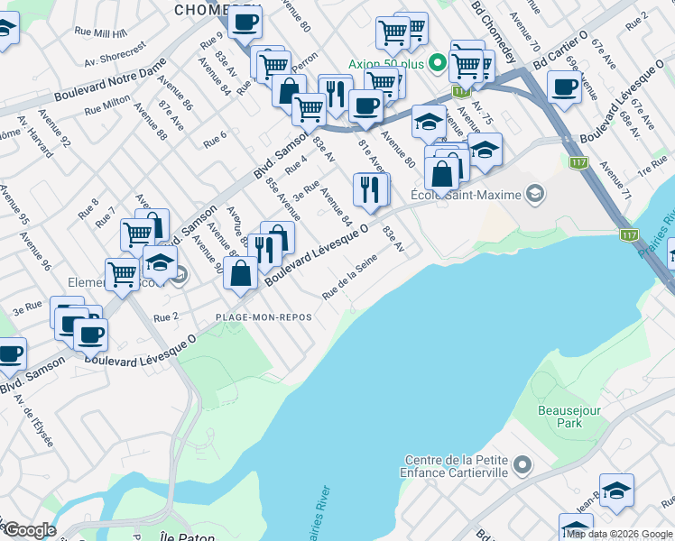 map of restaurants, bars, coffee shops, grocery stores, and more near 4093 Rue de la Seine in Laval