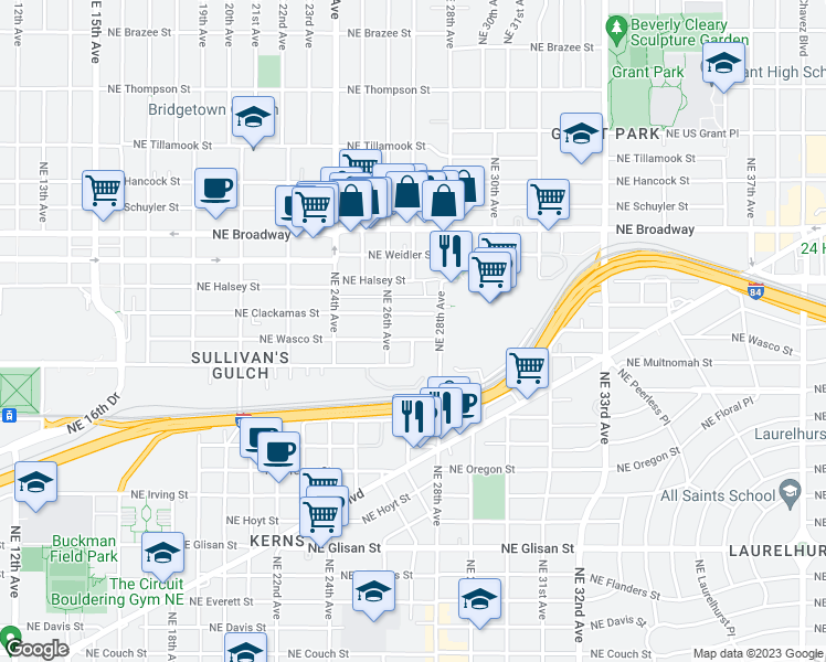 map of restaurants, bars, coffee shops, grocery stores, and more near 2653 Northeast Wasco Street in Portland