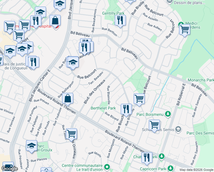map of restaurants, bars, coffee shops, grocery stores, and more near 1325 Rue Blainville in Longueuil
