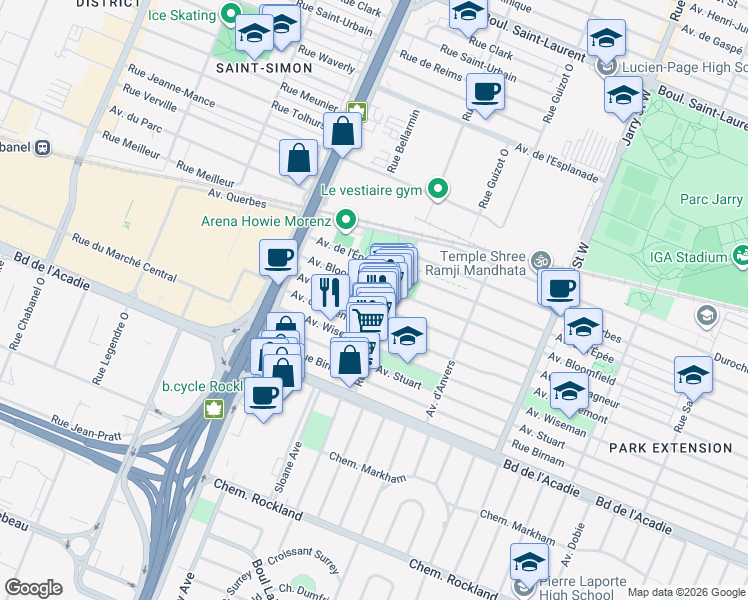 map of restaurants, bars, coffee shops, grocery stores, and more near 8525 Avenue Champagneur in Montréal