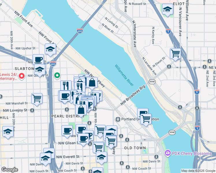 map of restaurants, bars, coffee shops, grocery stores, and more near 1310 Northwest Naito Parkway in Portland