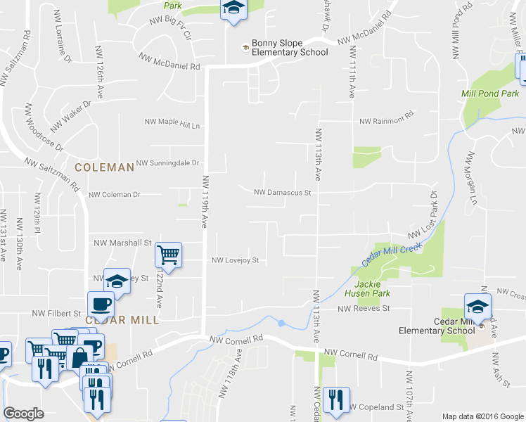 map of restaurants, bars, coffee shops, grocery stores, and more near 11580 Northwest Jericho Road in Portland