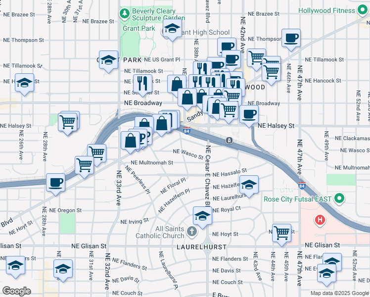 map of restaurants, bars, coffee shops, grocery stores, and more near 3705 Northeast Wasco Street in Portland