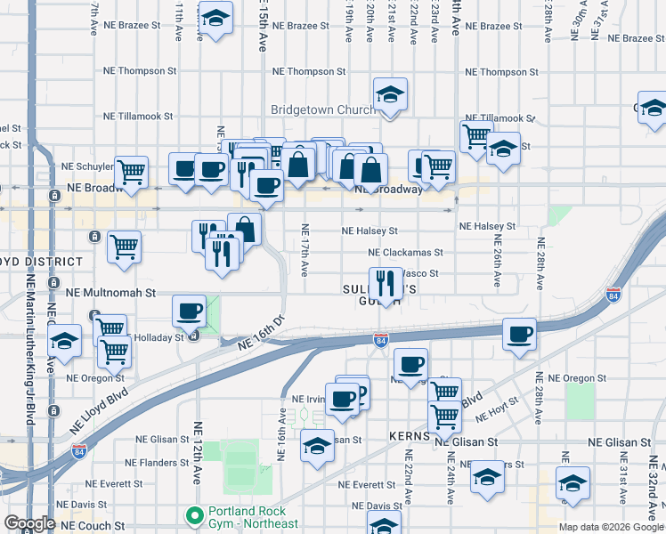 map of restaurants, bars, coffee shops, grocery stores, and more near 1815 Northeast Wasco Street in Portland