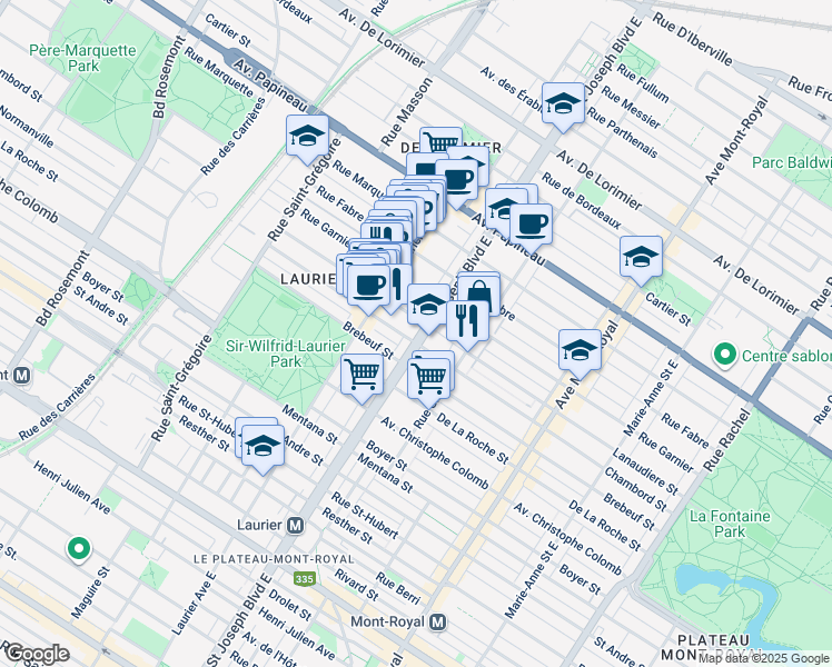 map of restaurants, bars, coffee shops, grocery stores, and more near 1311 Boulevard Saint-Joseph Est in Montréal