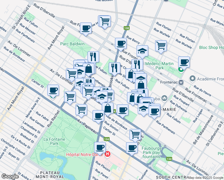 map of restaurants, bars, coffee shops, grocery stores, and more near in Montreal