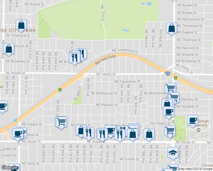 map of restaurants, bars, coffee shops, grocery stores, and more near 1311 Northeast 72nd Avenue in Portland