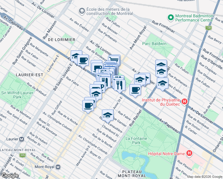 map of restaurants, bars, coffee shops, grocery stores, and more near 4454 Avenue Papineau in Montréal