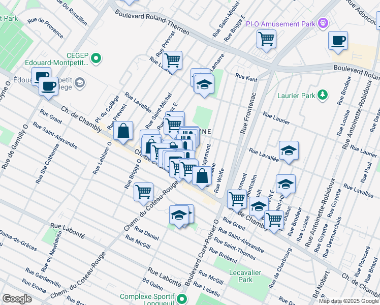 map of restaurants, bars, coffee shops, grocery stores, and more near 1401 Chemin de Chambly in Longueuil