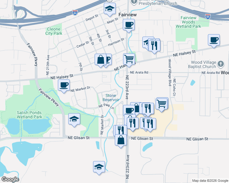 map of restaurants, bars, coffee shops, grocery stores, and more near 21989 Northeast Chinook Way in Fairview