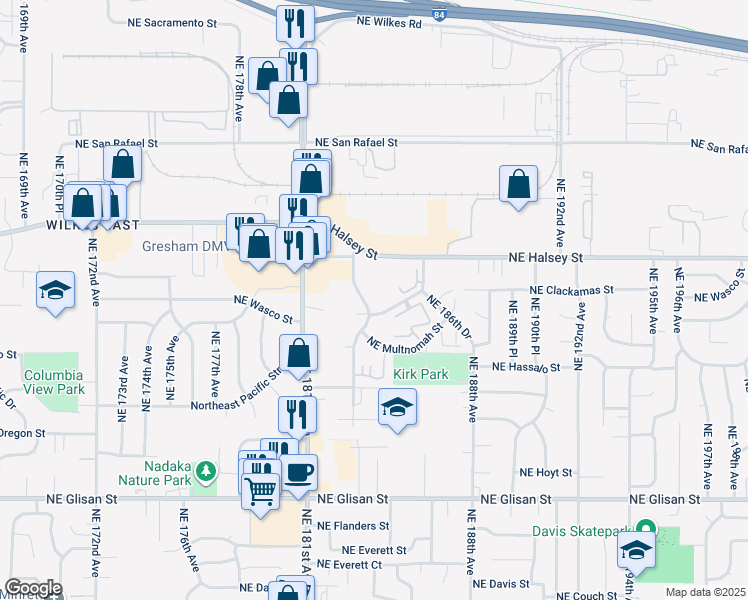 map of restaurants, bars, coffee shops, grocery stores, and more near 18325 Northeast Wasco Street in Portland
