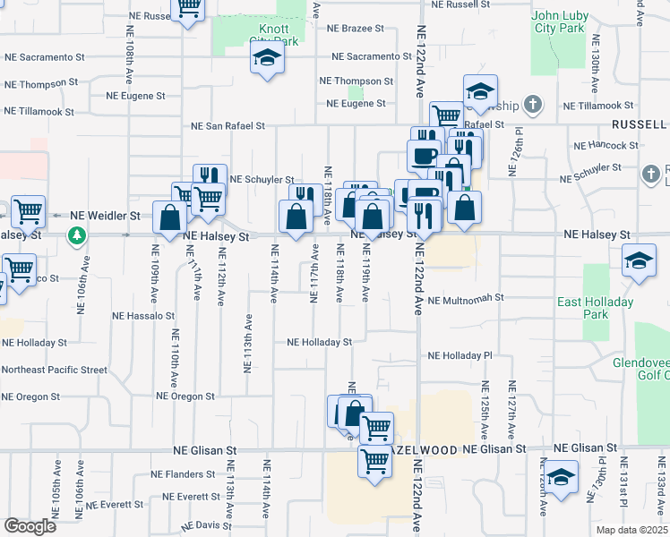 map of restaurants, bars, coffee shops, grocery stores, and more near 1326 Northeast 118th Avenue in Portland