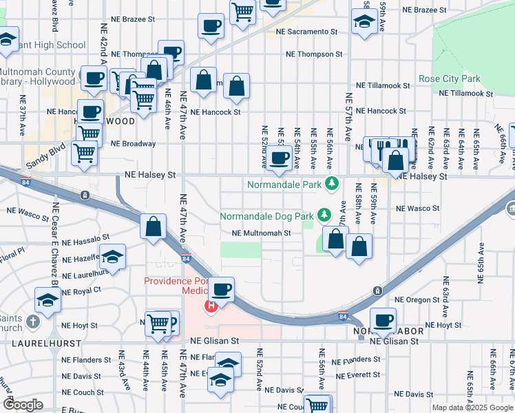 map of restaurants, bars, coffee shops, grocery stores, and more near 1314 Northeast 52nd Avenue in Portland