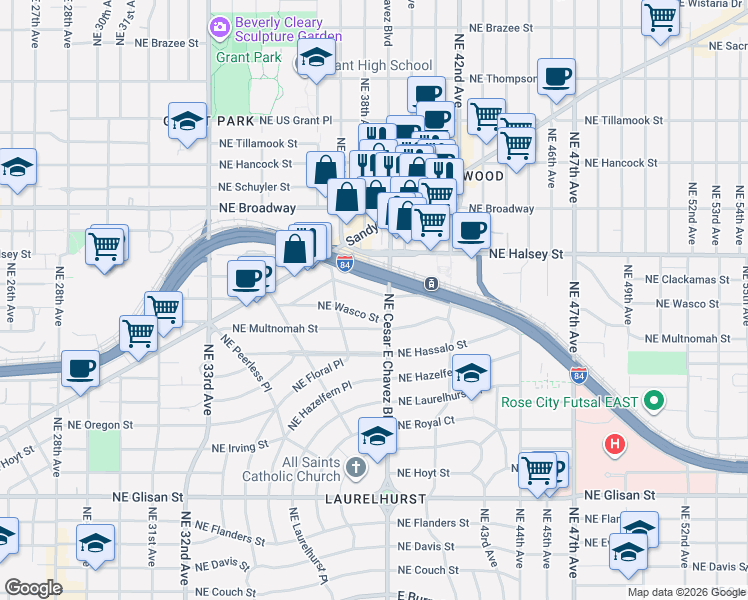 map of restaurants, bars, coffee shops, grocery stores, and more near 3844 Northeast Senate Street in Portland