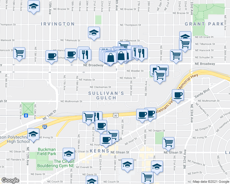 map of restaurants, bars, coffee shops, grocery stores, and more near 1303 Northeast 24th Avenue in Portland