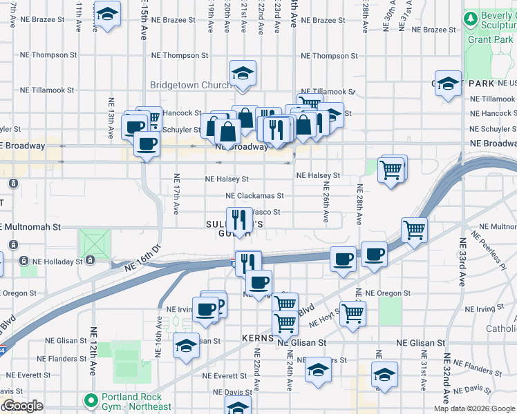map of restaurants, bars, coffee shops, grocery stores, and more near 1330 Northeast 22nd Avenue in Portland