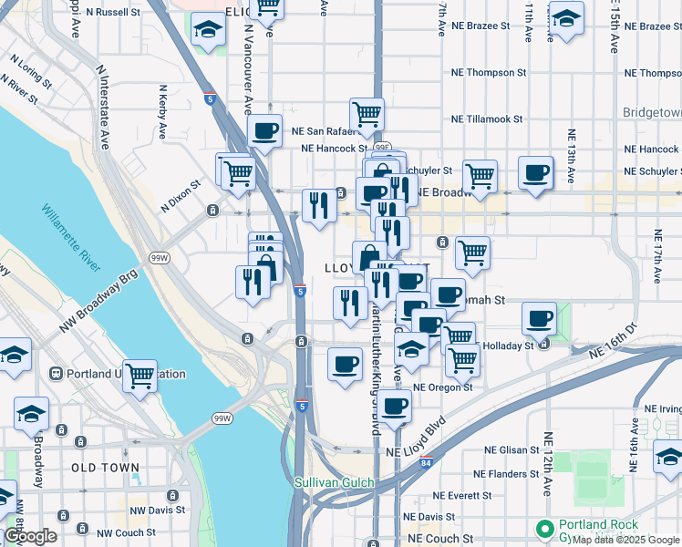 map of restaurants, bars, coffee shops, grocery stores, and more near 1225 Northeast 2nd Avenue in Portland