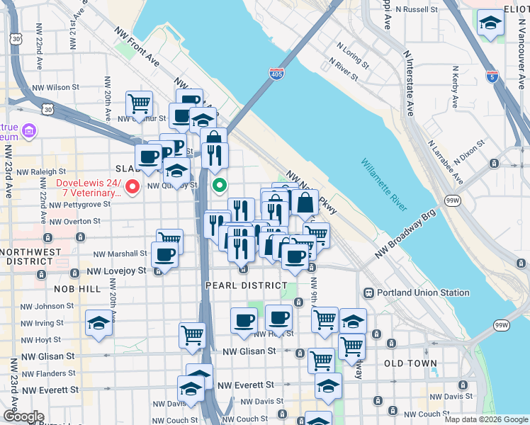 map of restaurants, bars, coffee shops, grocery stores, and more near 1161 Northwest Overton Street in Portland