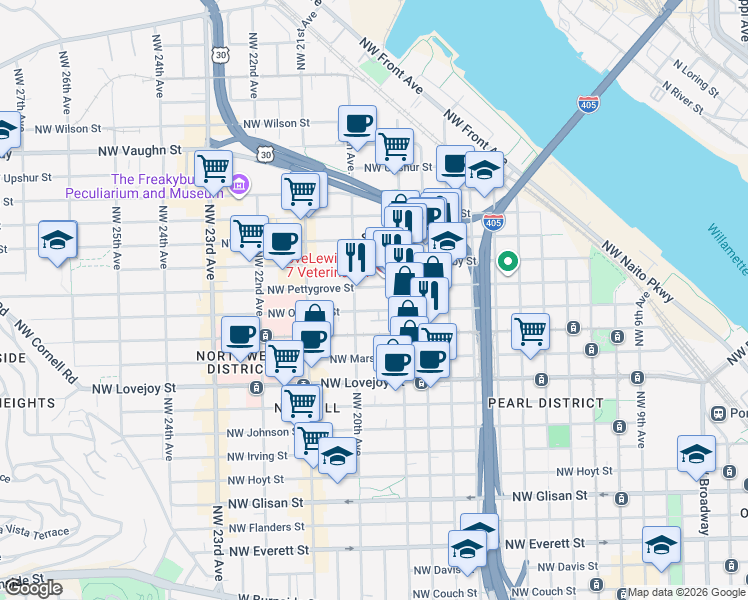 map of restaurants, bars, coffee shops, grocery stores, and more near 2010 Northwest Pettygrove Street in Portland
