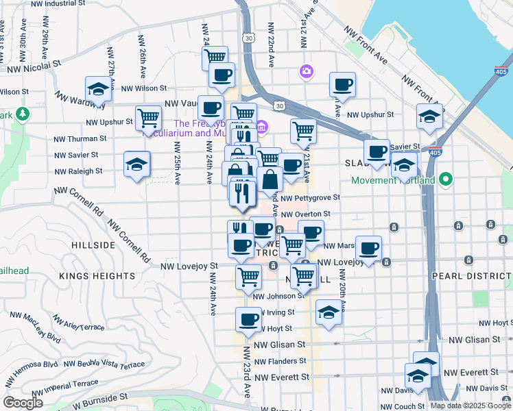 map of restaurants, bars, coffee shops, grocery stores, and more near in Portland