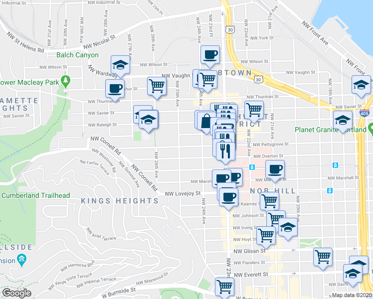 map of restaurants, bars, coffee shops, grocery stores, and more near 2434 Northwest Pettygrove Street in Portland