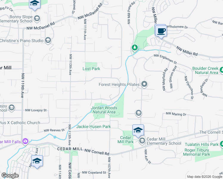 map of restaurants, bars, coffee shops, grocery stores, and more near 10690 Northwest Jericho Court in Portland