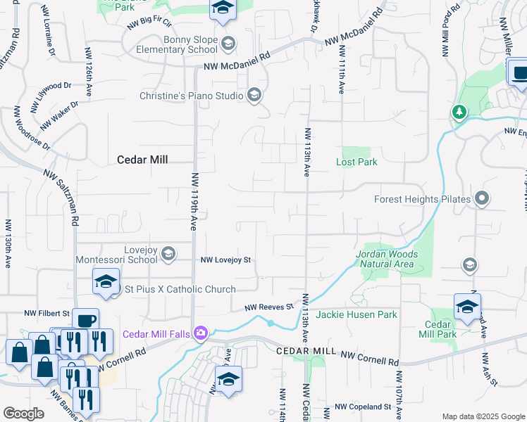 map of restaurants, bars, coffee shops, grocery stores, and more near 11580 Northwest Jericho Road in Portland