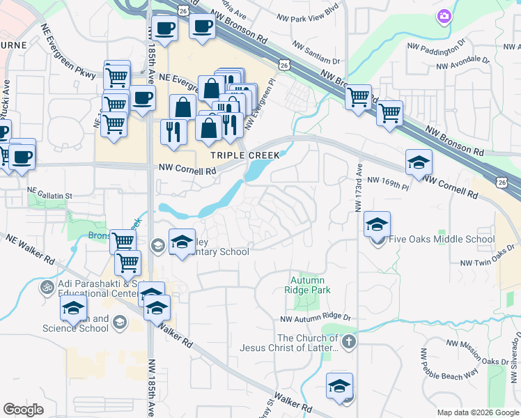 map of restaurants, bars, coffee shops, grocery stores, and more near 1796 Northwest Rolling Hill Drive in Beaverton