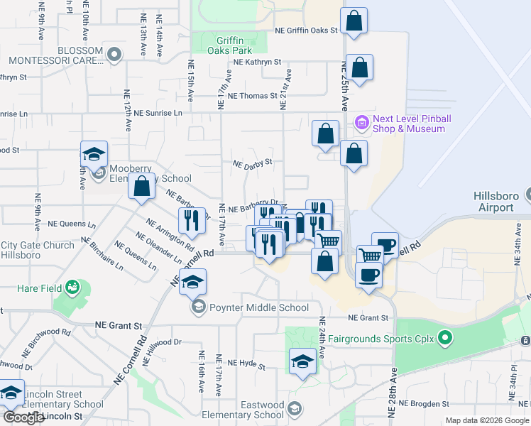 map of restaurants, bars, coffee shops, grocery stores, and more near 1918 Northeast Barberry Drive in Hillsboro