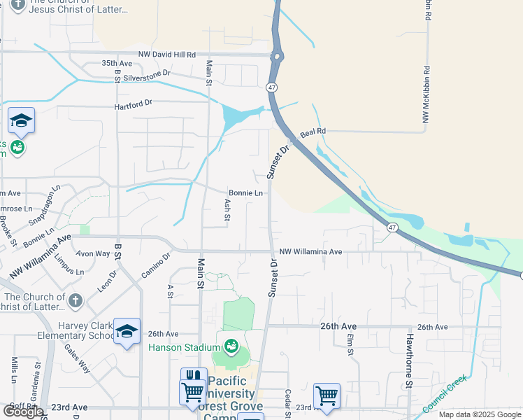 map of restaurants, bars, coffee shops, grocery stores, and more near 3062 Sunset Drive in Forest Grove