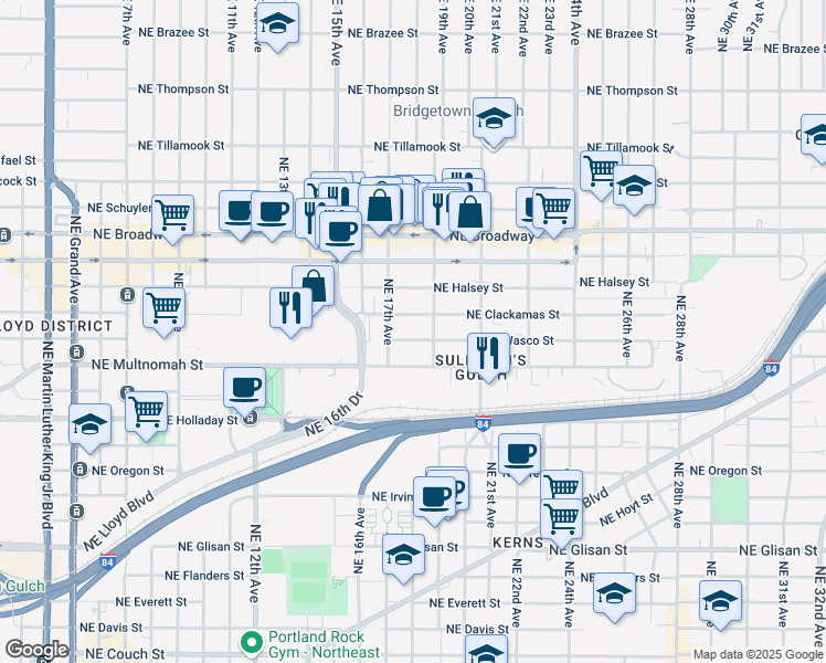 map of restaurants, bars, coffee shops, grocery stores, and more near 1749 Northeast Wasco Street in Portland