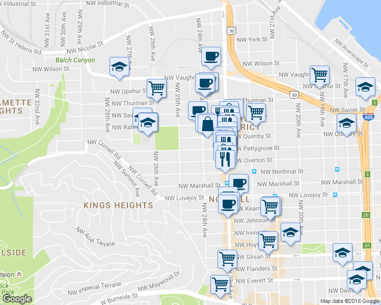 map of restaurants, bars, coffee shops, grocery stores, and more near 2442 Northwest Pettygrove Street in Portland