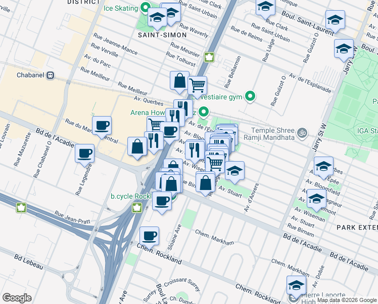 map of restaurants, bars, coffee shops, grocery stores, and more near 8625 Avenue d'Outremont in Montréal