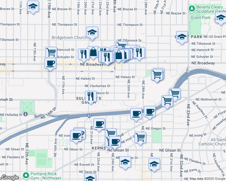 map of restaurants, bars, coffee shops, grocery stores, and more near 1303 Northeast 24th Avenue in Portland