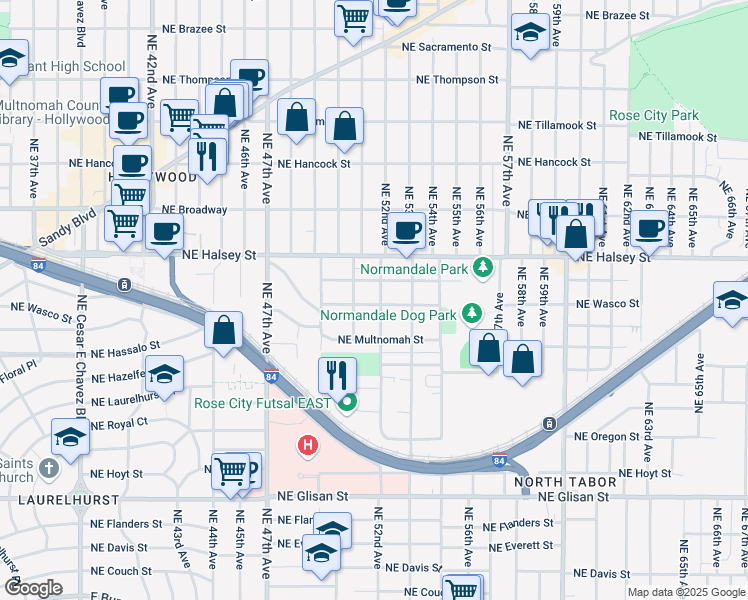 map of restaurants, bars, coffee shops, grocery stores, and more near 1305 Northeast 52nd Avenue in Portland