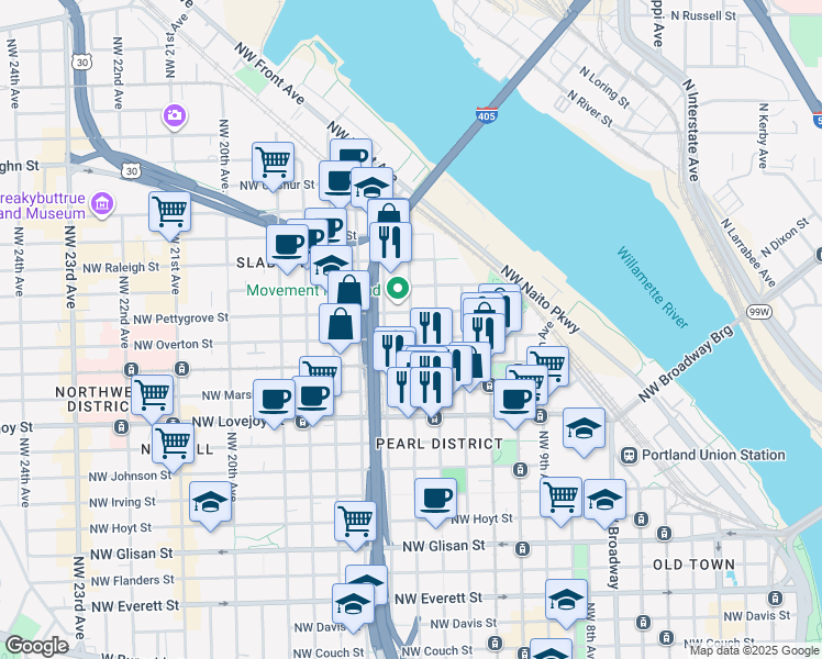 map of restaurants, bars, coffee shops, grocery stores, and more near 1330 Northwest 14th Avenue in Portland