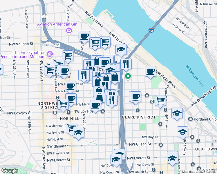 map of restaurants, bars, coffee shops, grocery stores, and more near 1378 Northwest 18th Avenue in Portland