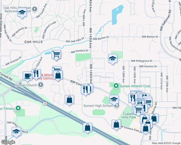 map of restaurants, bars, coffee shops, grocery stores, and more near 1789 Northwest 143rd Avenue in Portland